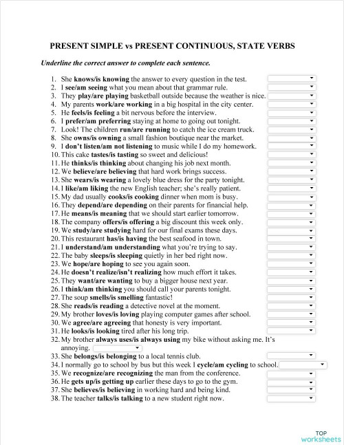 G6 - PRESENT SIMPLE vs PRESENT CONTINUOUS, STATE VERBS. Bài tập tương ...