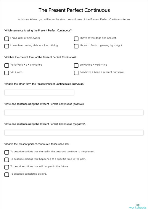 The Present Perfect Continuous. Interactive worksheet | TopWorksheets