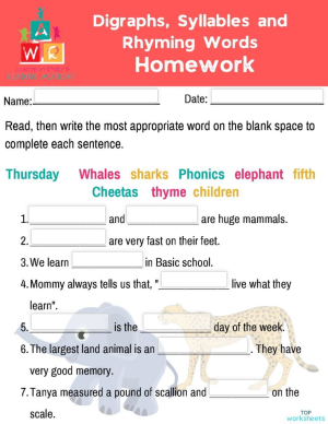 Digraphs, Rhyming Words, and Syllables - Beginner's Homework ...