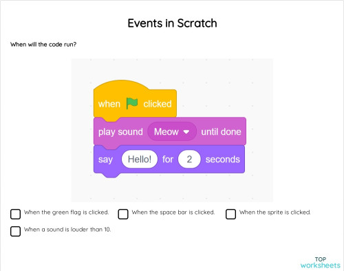 Events in Scratch. Interactive worksheet | TopWorksheets