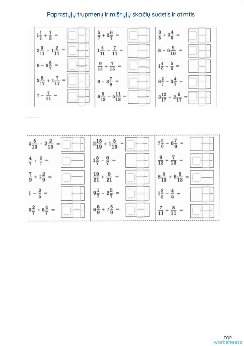 Mišriųjų skaičių sudėtis ir atimtis. Interactive worksheet | TopWorksheets