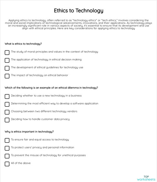 Ethics to Technology. Interactive worksheet TopWorksheets