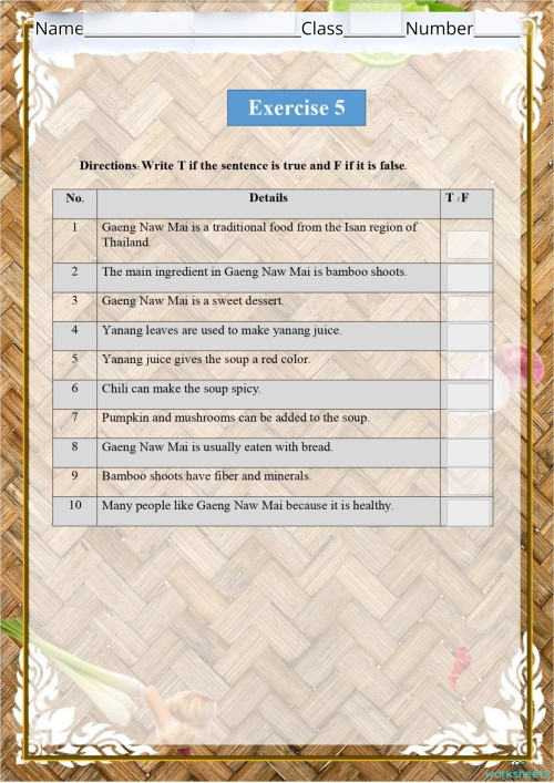 Gaeng Naw Mai (Bamboo Shoot Curry) Exercise 5. Interactive worksheet ...