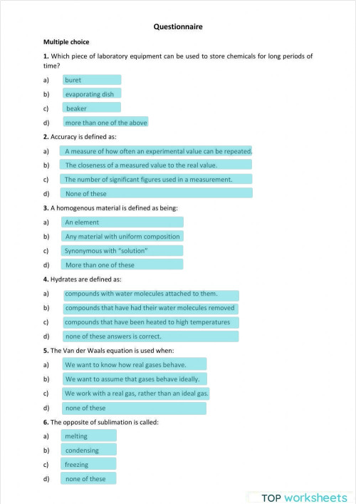 Questionnaire on Biochemistry. Interactive worksheet | TopWorksheets