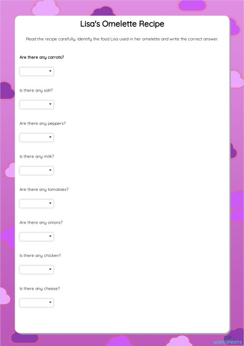 Lisa's Omelette Recipe. Interactive worksheet | TopWorksheets