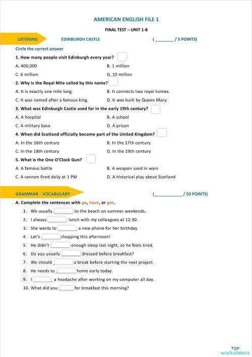 AEF1 - Test 1-8. Interactive worksheet | TopWorksheets