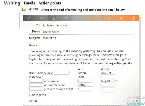 Action points email. Interactive worksheet | TopWorksheets