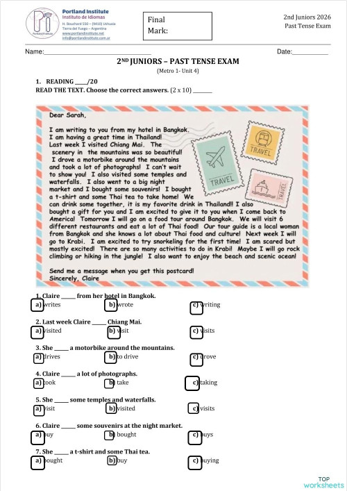 2nd Juniors Past Tense Exam. Interactive worksheet | TopWorksheets