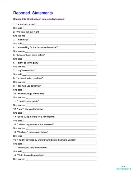 Reported speech statements. Interactive worksheet | TopWorksheets