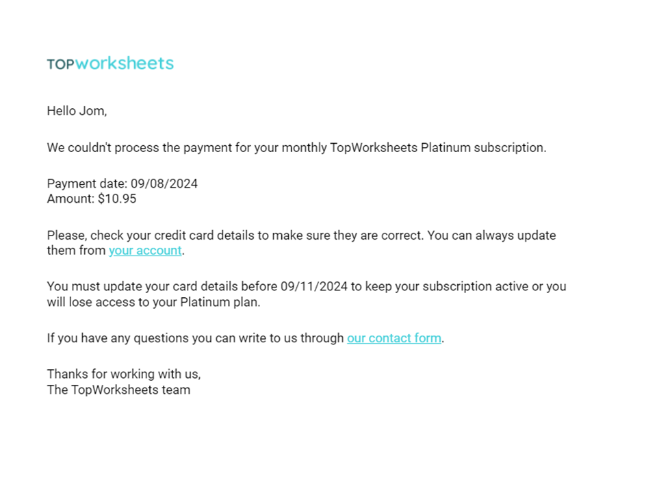 Subscription issue | TopWorksheets