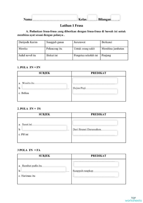 latihan frasa. Interactive worksheet | TopWorksheets
