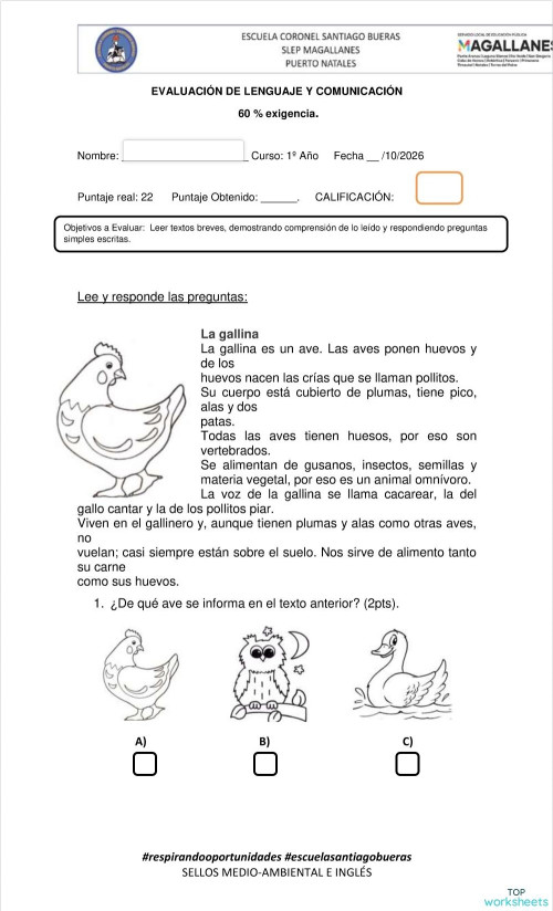PRUEBA DE LENGUAJE Y COMUNICACION. Ficha interactiva | TopWorksheets