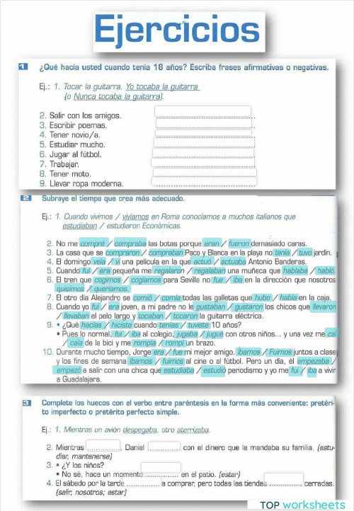 Ejercicios imperfecto-simple. Ficha interactiva | TopWorksheets