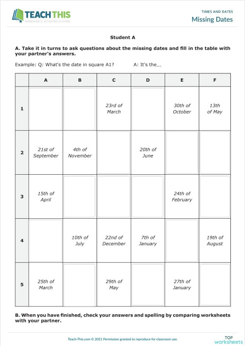 Missing dates - Student A. Interactive worksheet | TopWorksheets