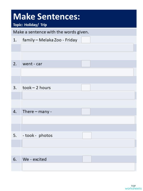 Writing Task Holiday/Trip Make Sentences. Interactive worksheet