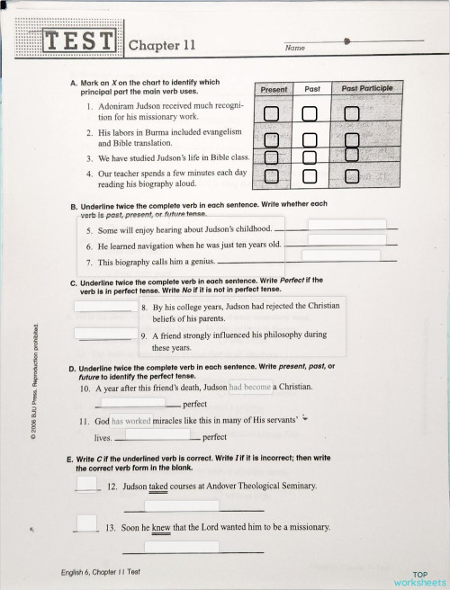 English Chapter 11 Test. Interactive worksheet | TopWorksheets