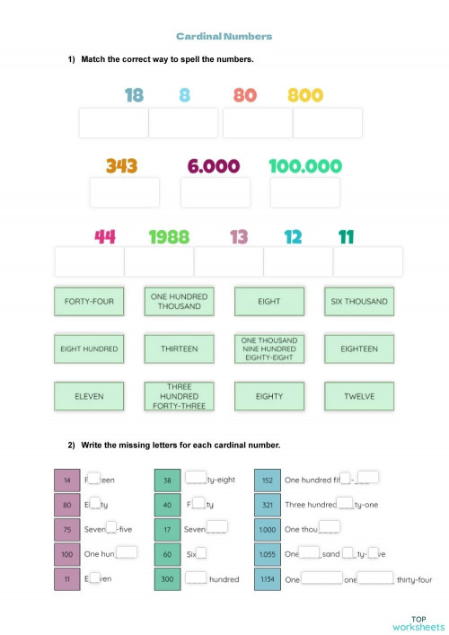 Cardinal Numbers. Interactive worksheet | TopWorksheets