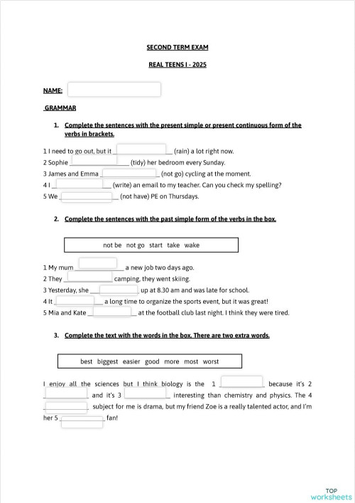 SECOND TERM EXAM REAL TEENS I 2025. Interactive worksheet | TopWorksheets