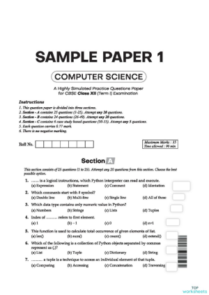 Sample Paper-1-19th Nov. Interactive worksheet | TopWorksheets