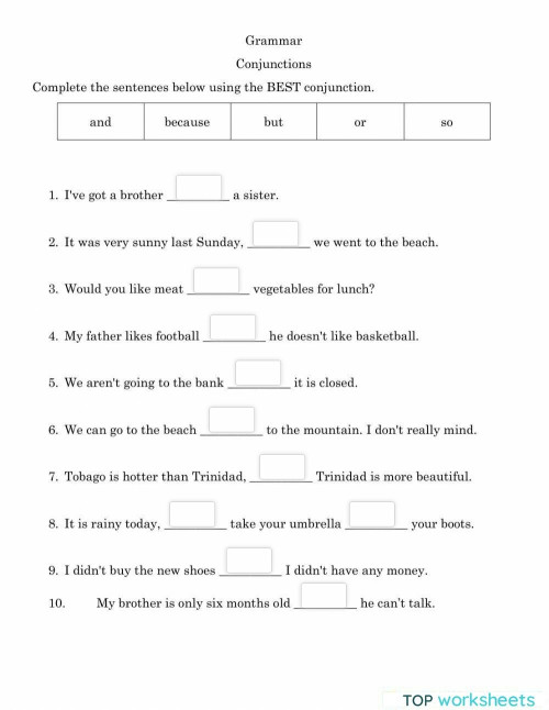 Conjunctions. Interactive worksheet | TopWorksheets image.
