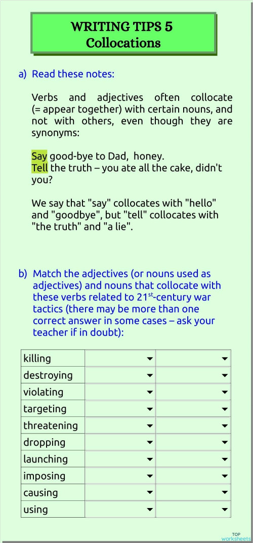 Writing tip 5 - collocations. Interactive worksheet | TopWorksheets