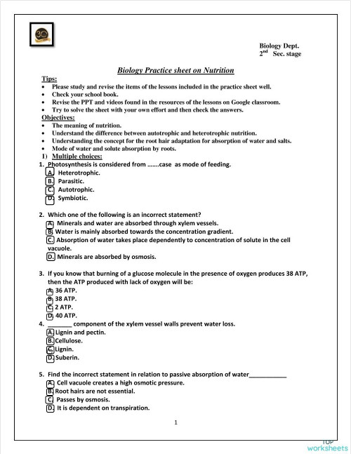 Practice sheet no.1 on Nutrition. Interactive worksheet | TopWorksheets