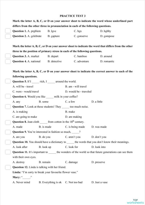 Practice Test 3. Interactive worksheet | TopWorksheets