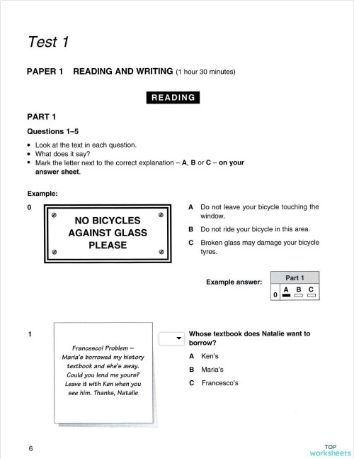 PET 2 Test 1 R Part 1. Interactive worksheet | TopWorksheets
