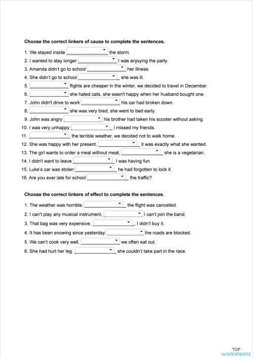 Linkers of cause and effect Multiple Choice. Interactive worksheet