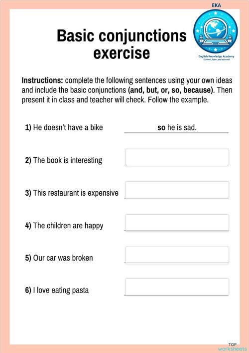 Basic conjunctions exercise. Interactive worksheet | TopWorksheets