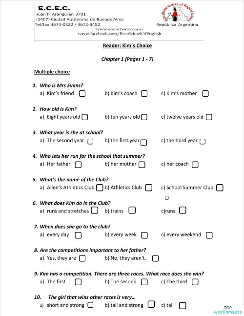 Reader activities. Kim´s choice chapter 1. Interactive worksheet ...