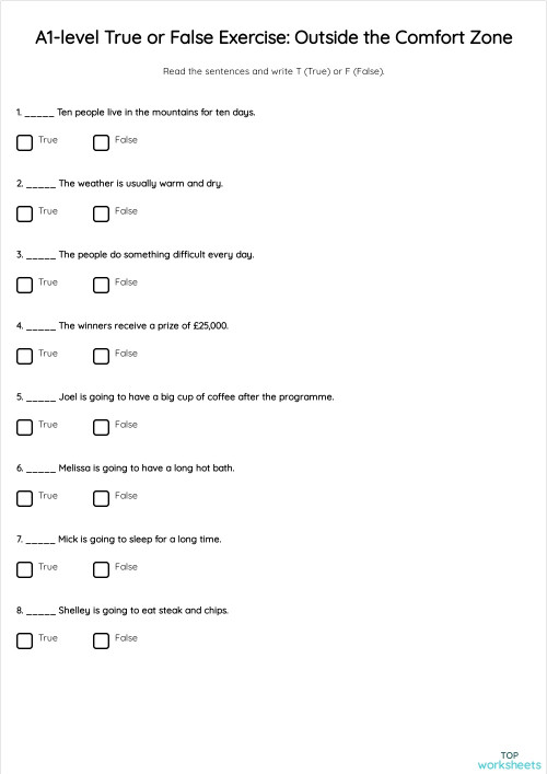 A1-level True or False Exercise: Outside the Comfort Zone. Interactive ...