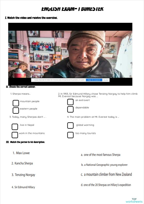 ENGLISH EXAM I BIMESTER LISTENING QUINTO. Interactive worksheet