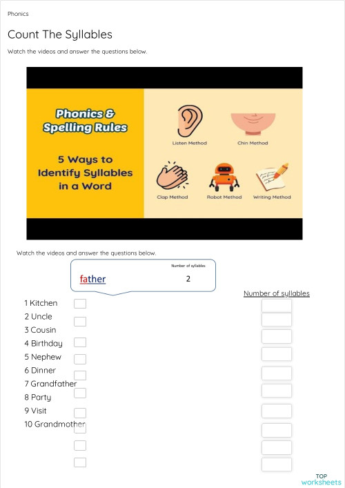 Phonics: Syllables. Interactive worksheet | TopWorksheets