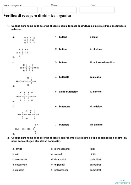 Verifica chimica organica. Scheda interattiva | TopWorksheets