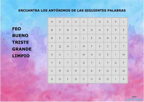 SOPA DE LETRAS DE ANTÓNIMOS. Ficha interactiva | TopWorksheets