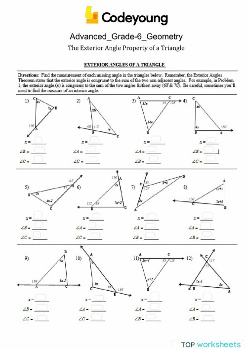 The Exterior Angle Property of a Triangle Advanced. Interactive worksheet TopWorksheets