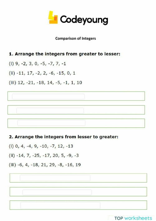 Comparison of Integers CW. Interactive worksheet | TopWorksheets