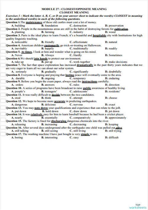 MODULE 27 : CLOSEST/OPPOSITE MEANING CLOSEST MEANING. Interactive ...