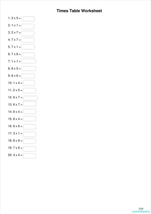 Times table practice sheet 1 interactive worksheet topworksheets