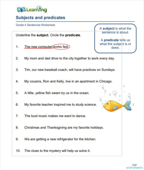 Subject and Predicate. Interactive worksheet | TopWorksheets