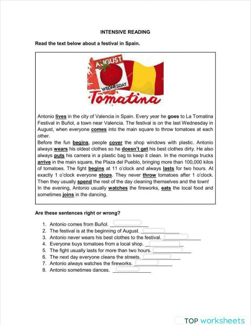 Tomatina. Interactive worksheet TopWorksheets