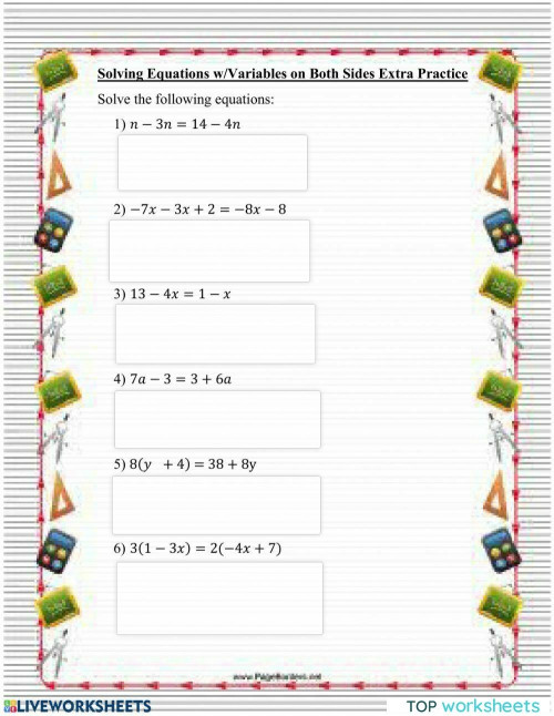 Solving Equations w- Variables on Both Sides. Interactive worksheet ...