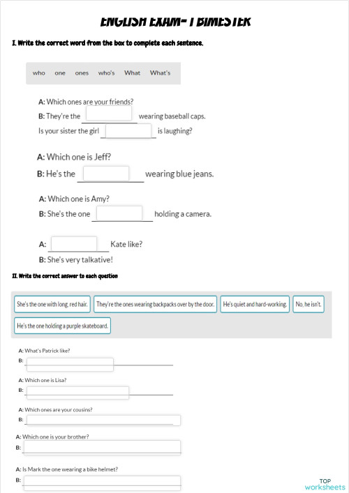 ENGLISH EXAM I BIMESTER WRITING QUINTO. Interactive worksheet