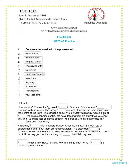Writing practice First Senior. Interactive worksheet | TopWorksheets