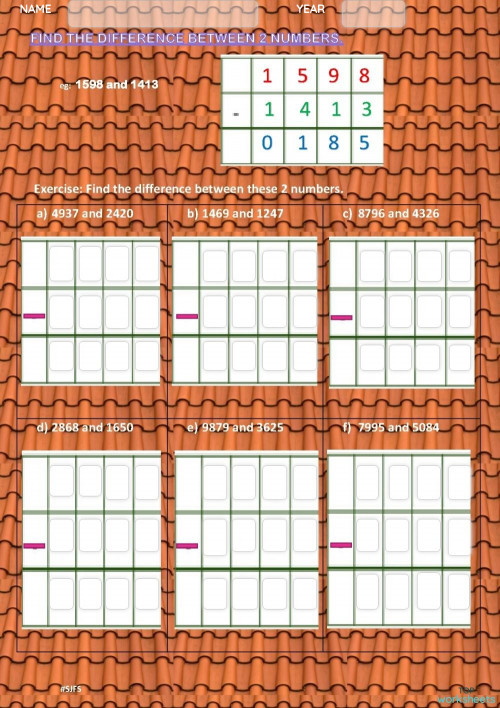 Yr4 find the difference between 2 numbers interactive worksheet