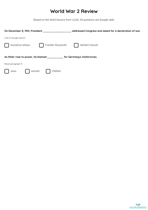 World War 2 Review. Interactive worksheet TopWorksheets