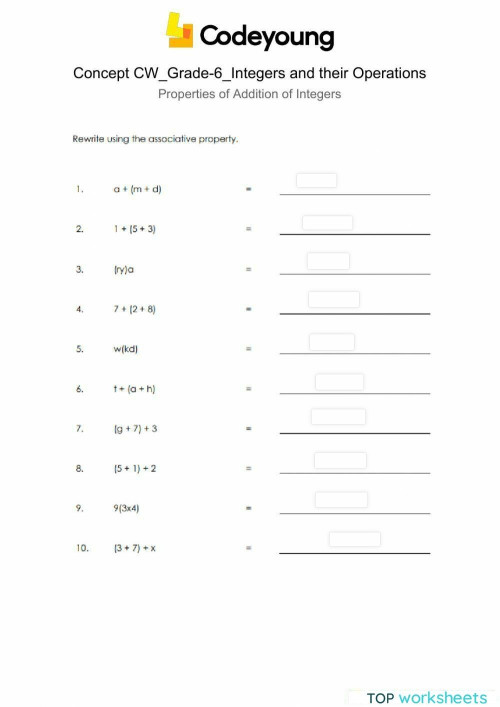 Properties of Addition of Integers Concept CW. Interactive worksheet