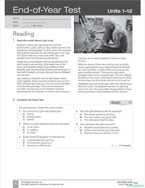 Close-up A2 End-of-Year Test Reading. Interactive worksheet | TopWorksheets