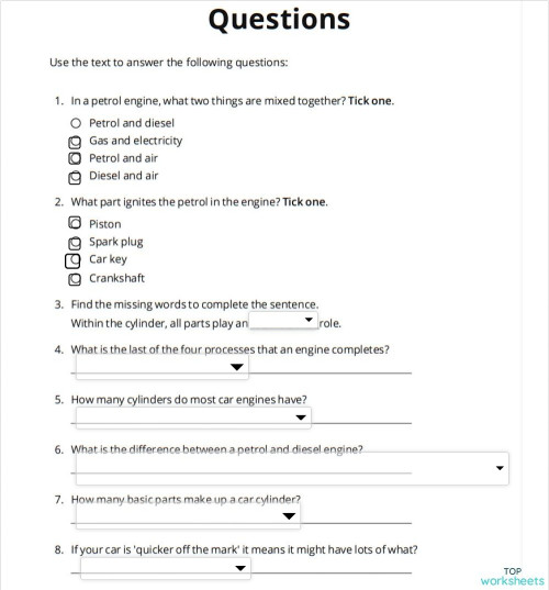 car engine questions. Interactive worksheet | TopWorksheets
